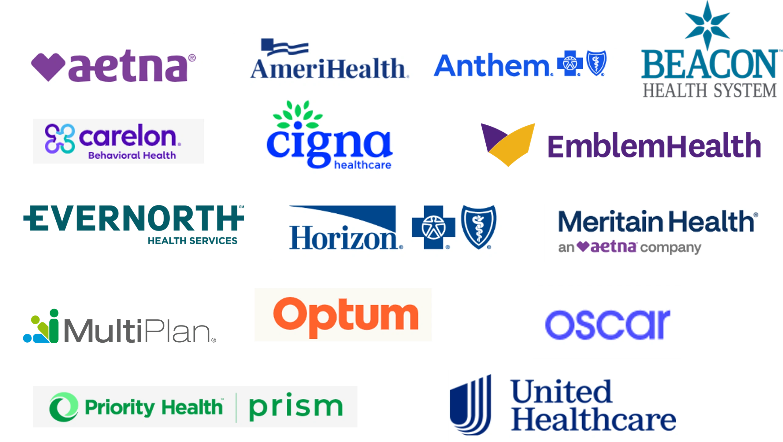Accepted insurance plans including Aetna, BlueCross BlueShield, Cigna, United Healthcare, and more